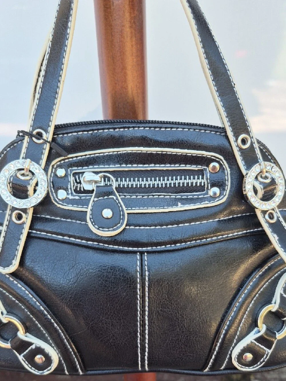 Vintage Y2K Black Women's Faux Leather Shoulder Bag with White Stitching